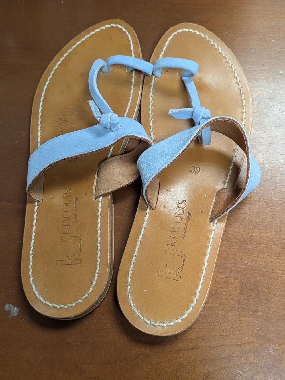 K.Jacques Powder Blue Suede Toe-Loop Sandals with Tan Footbed